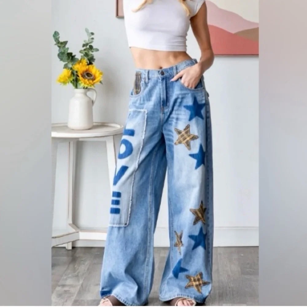 Oli & Hali Love + Stars Patchwork Baggy Jeans | Distressed Denim Pants - Picture 10 of 10